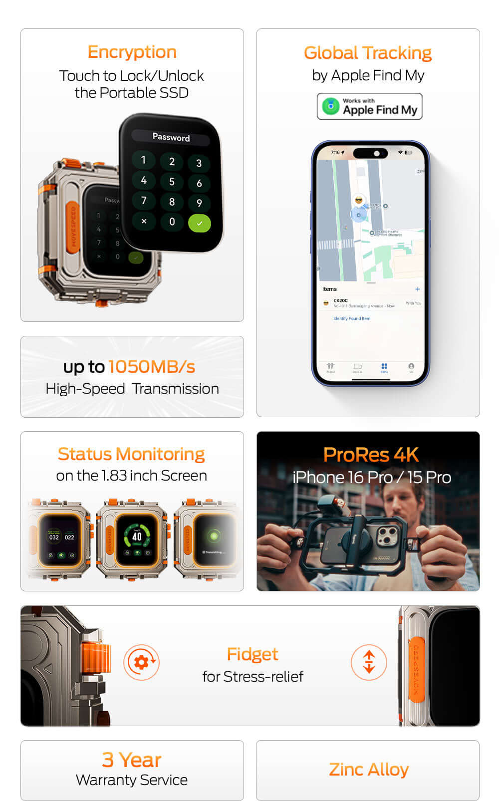 MOVESPEED GD10 1TB/2TB 1050MB/s USB 3.2 Gen 2, Supports 4K ProRes HDR Touch Screen Unlock With Apple Find My Portable SSD
