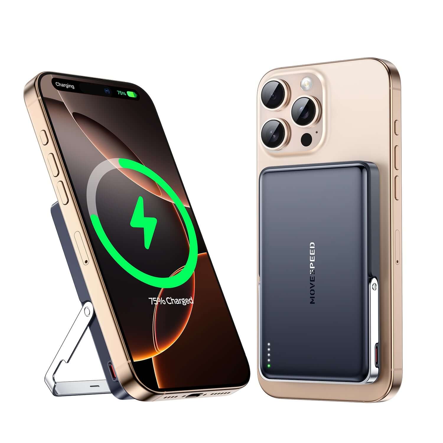 MOVE SPEED 2025 slim magnetic portable charger powering an iPhone with a wireless stand.