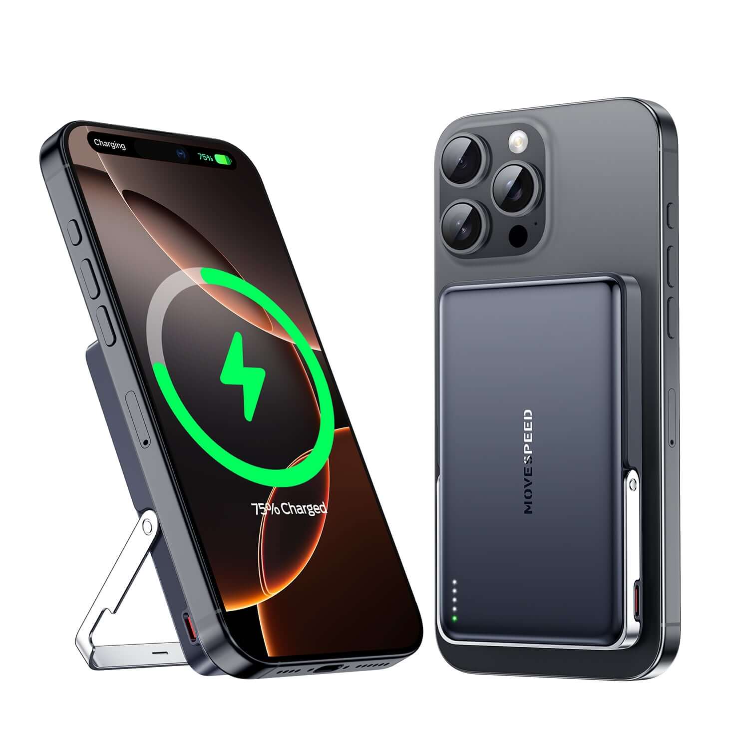 MOVE SPEED 2025 slim magnetic power bank charging iPhone wirelessly with stand.