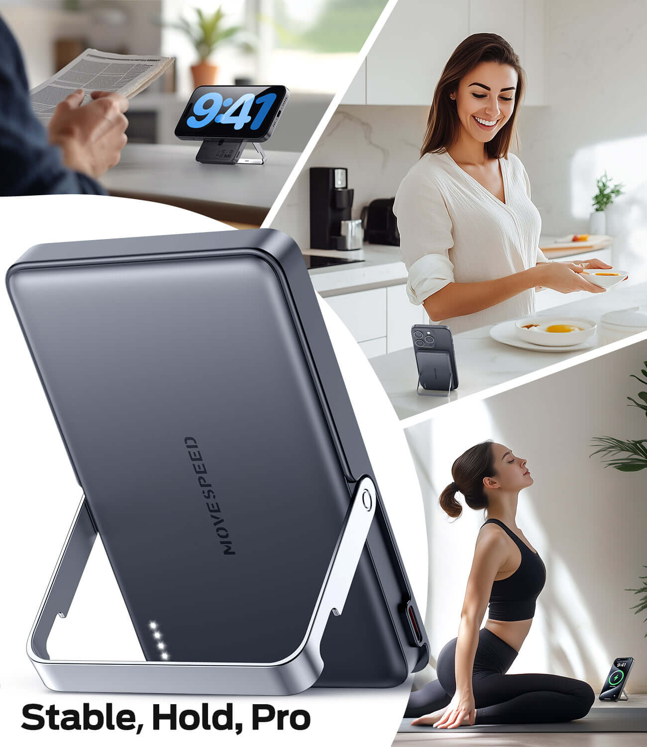 MOVE SPEED portable charger with stand shown in various settings, showcasing its slim design and usability.