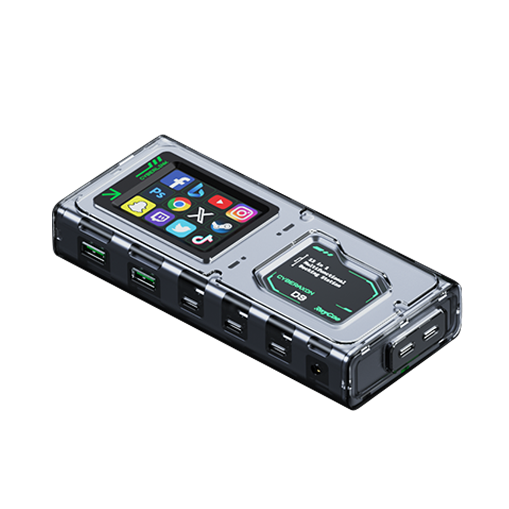 MOVESPEED CyberAxon D3 13-in-1 multifunction dock with ports, display, and social media icons.