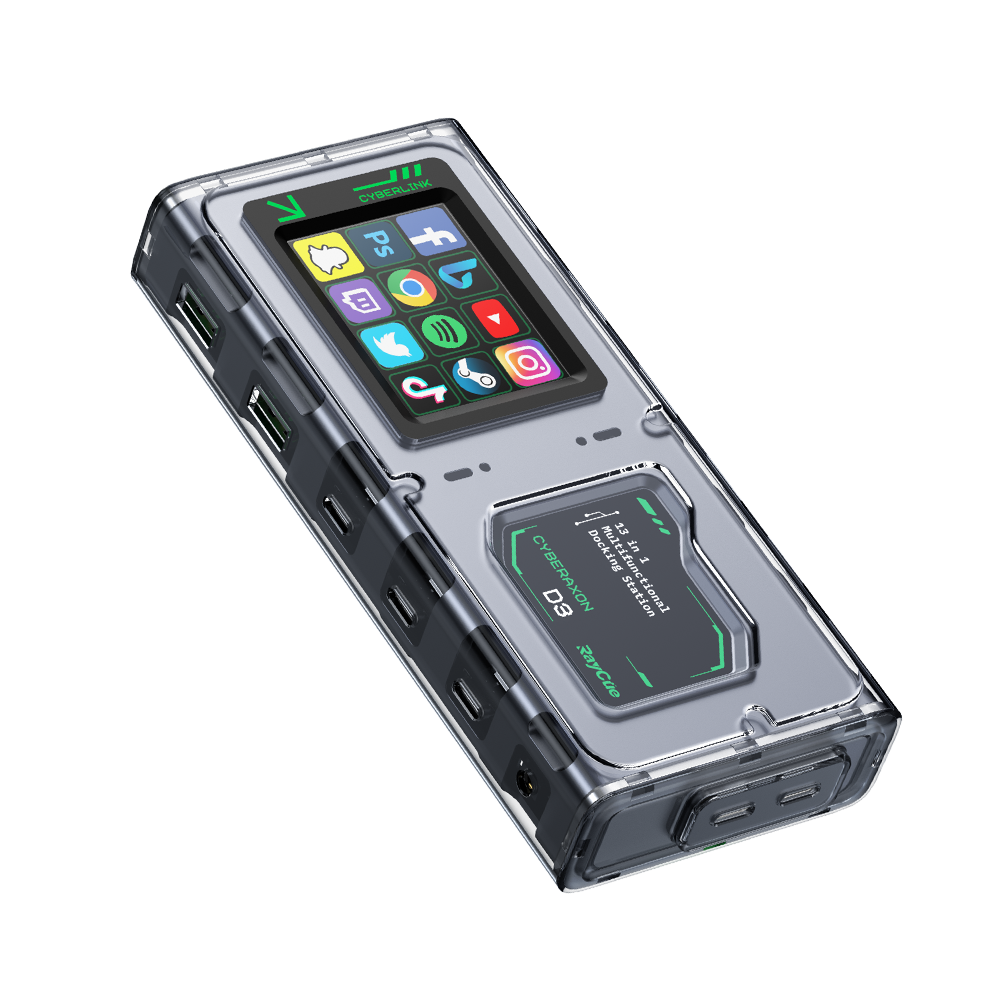 MOVESPEED CyberAxon D3 13-in-1 multifunction dock with touchscreen showcasing various app icons.