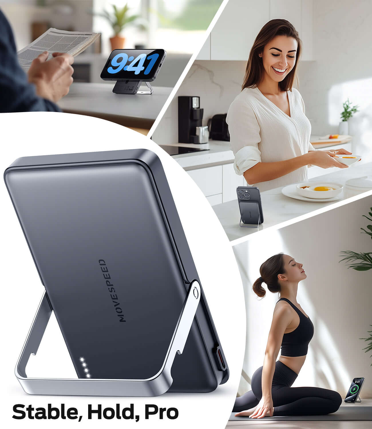 MOVE SPEED 2025 magnetic power bank, slim design, wireless charging for iPhone, multifunctional stand, portable convenience.