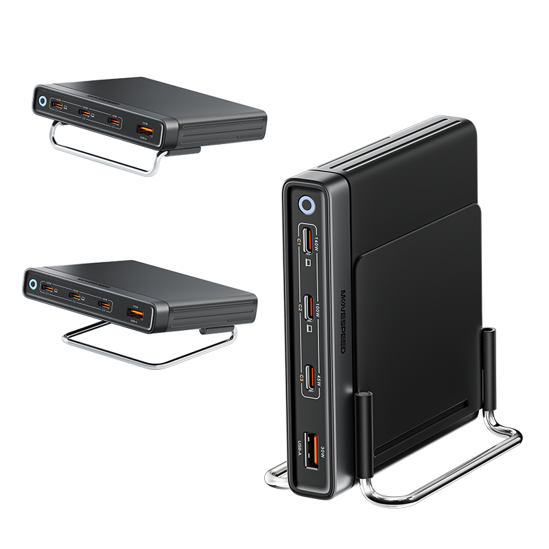 MOVESPEED 165W GaN Desktop Charger, Multi-Port USB-C Fast Charging Station for Laptop, iPhone, iPad, MacBook, Android – with Storage Base (+Magnetic Stand)
