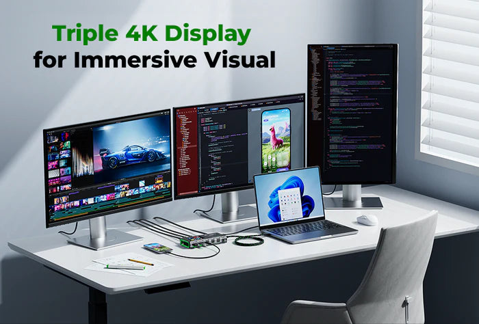 Triple 4K display setup on a desk showcasing immersive visuals and productivity with laptop and monitors.
