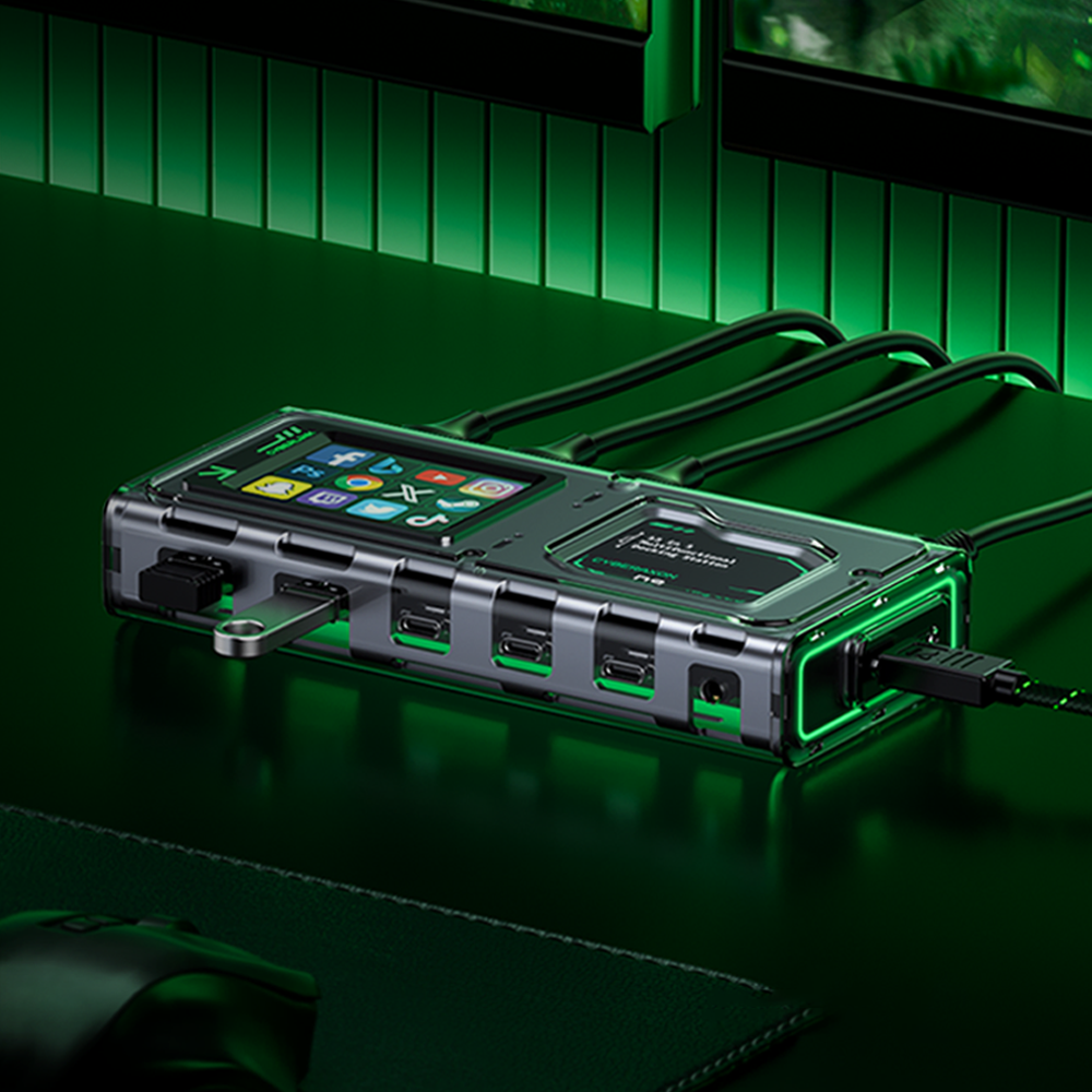 MOVESPEED CyberAxon D3 13-in-1 multifunction dock with touchscreen and multiple ports on a glowing green desk.