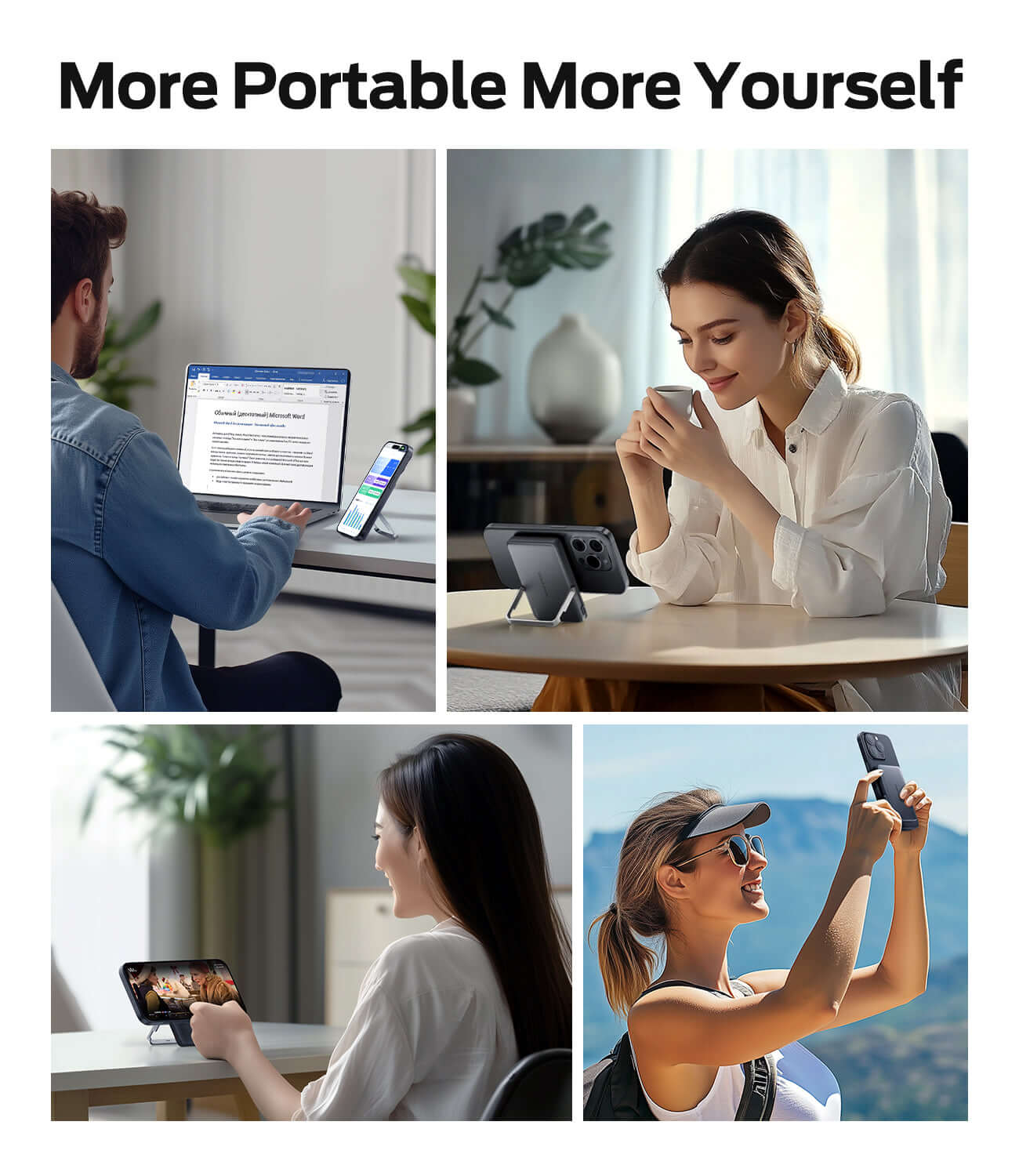 Collage of people using a portable charger in various settings, showcasing its versatility and convenience.