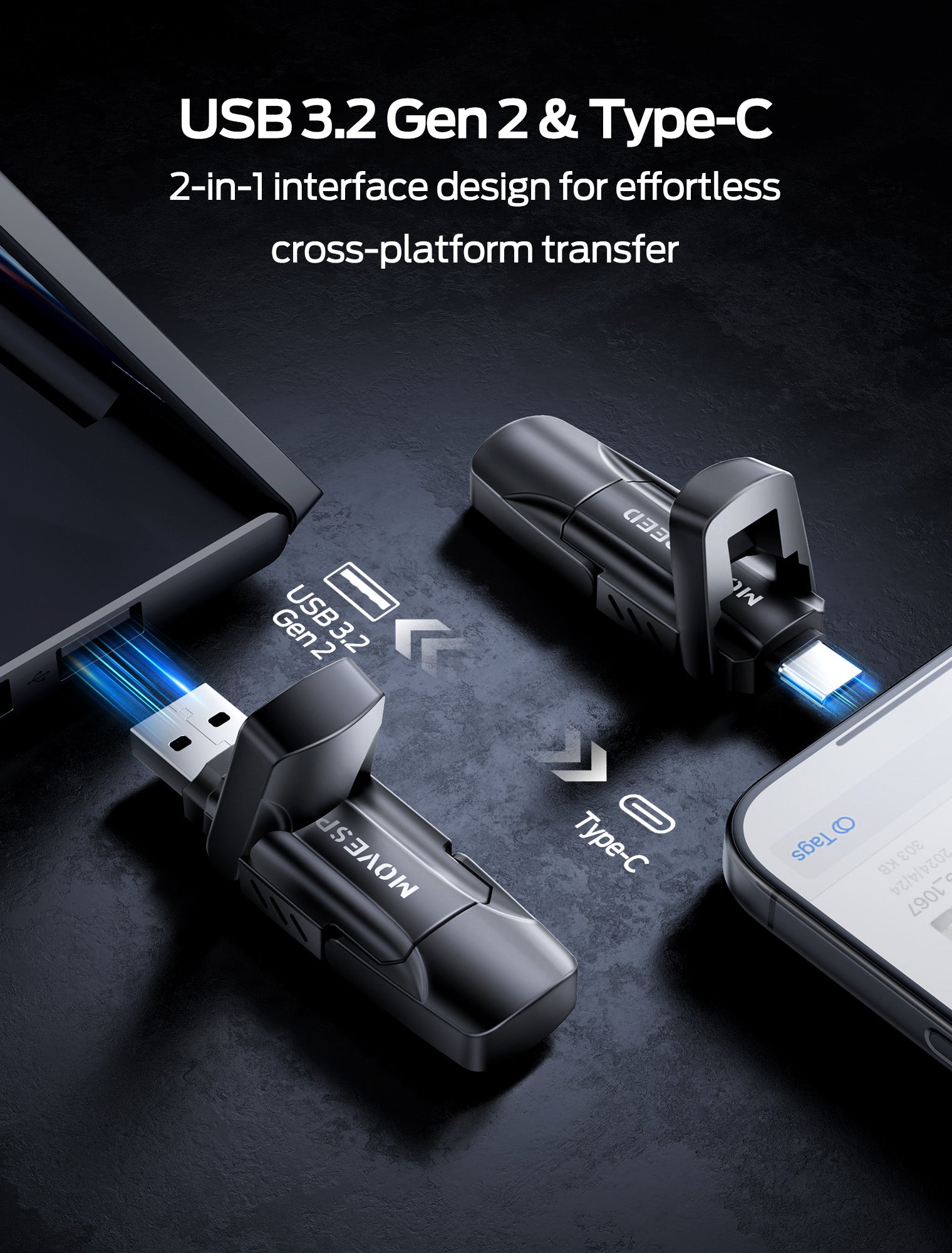 MOVE SPEED 128GB-2T Solid State Drives, 570MB/S Read Speed External SSD with Dual Port Type C + USB 3.2 Portable SSD