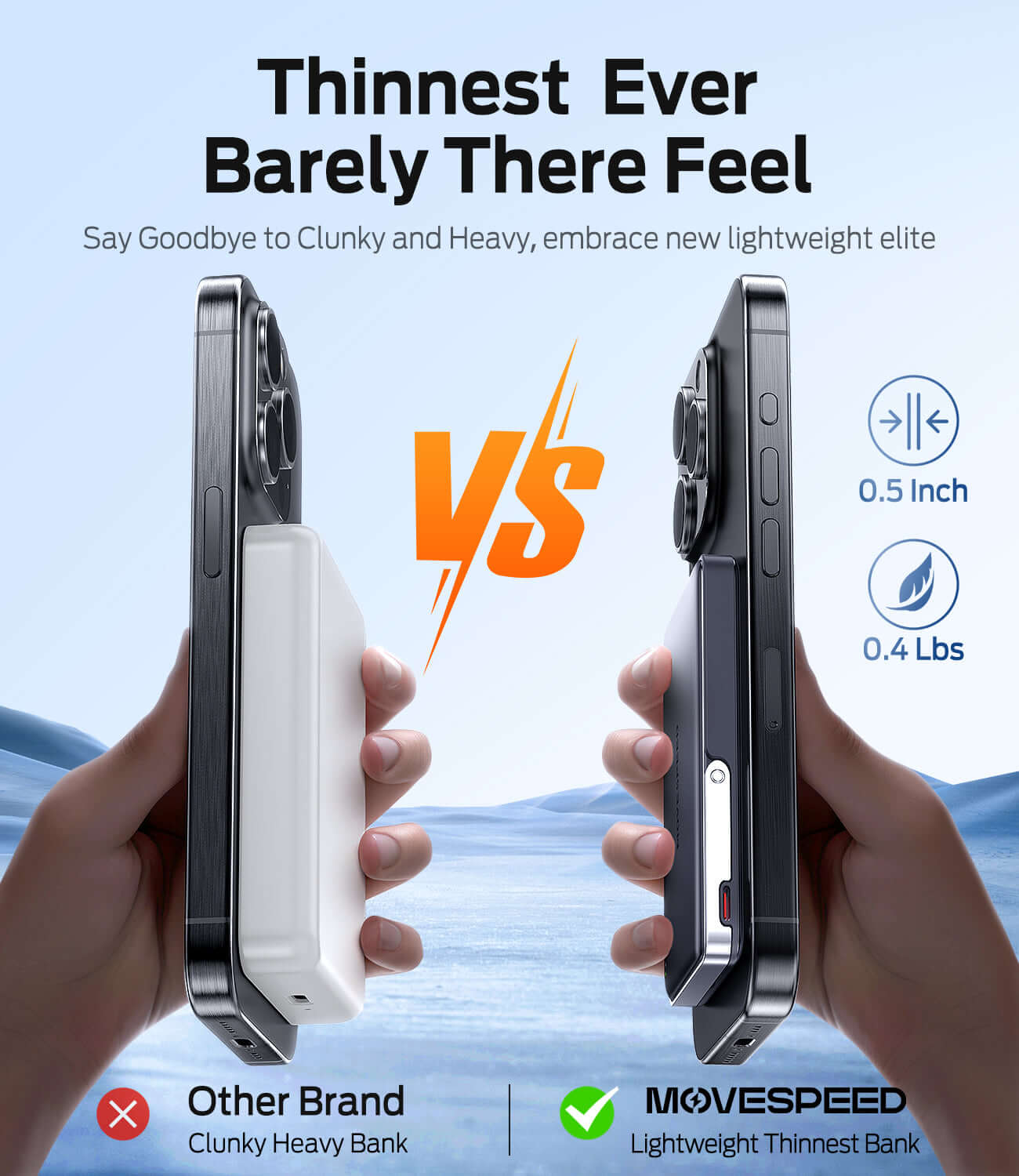 Comparison of MOVE SPEED portable charger against a clunky power bank, showcasing its ultra-thin design.