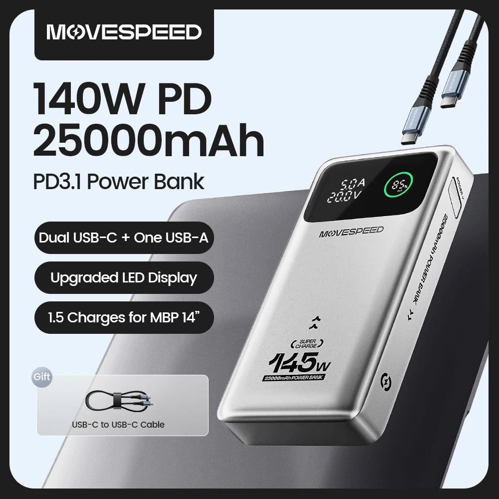 MOVE SPEED Power Bank para computadora portátil 130W, 25000mAh Carga rápida USB C Cargador portátil PD3.0 de 3 puertos, pantalla digital LED inteligente, batería para computadora portátil, MacBook, Dell, Samsung, iPhone, iPad, AirPods, etc.