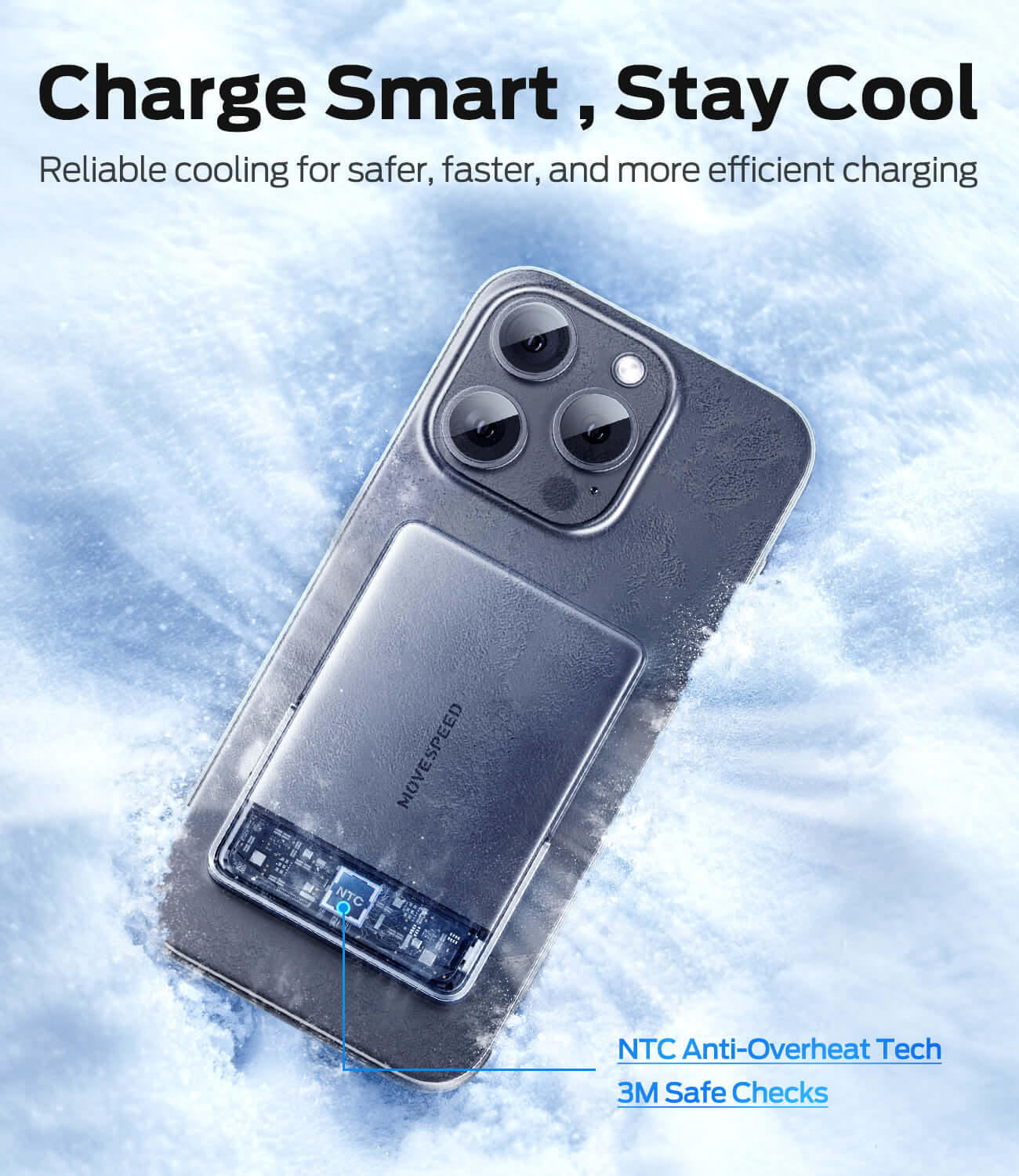 MOVE SPEED 2025 power bank on ice, showcasing efficient cooling and smart charging technology.