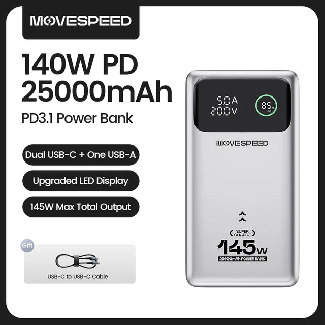 MOVE SPEED Power Bank para computadora portátil 130W, 25000mAh Carga rápida USB C Cargador portátil PD3.0 de 3 puertos, pantalla digital LED inteligente, batería para computadora portátil, MacBook, Dell, Samsung, iPhone, iPad, AirPods, etc.