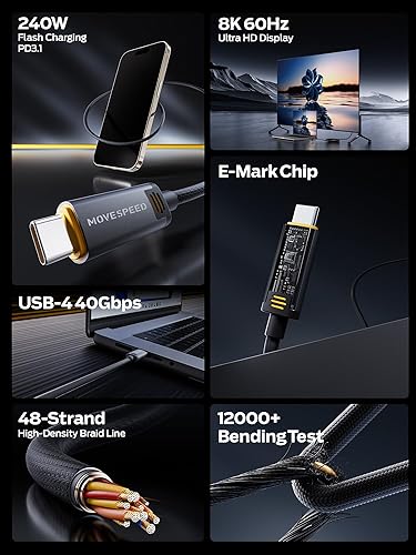 MOVESPEED for Thunderbolt 4 Cable Supports 40 Gbps Data Transfer, 8K HD Display, 240W Charging, USB C to USB C Cable, for iPhone 15 Series,Type-C Laptop, Docking etc.