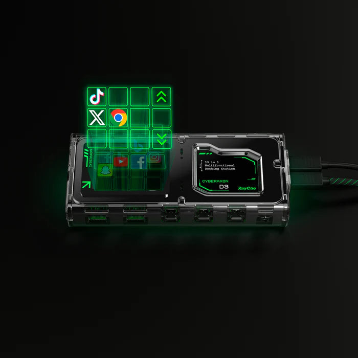 MOVESPEED CyberAxon D3 13-in-1 Multifunction Dock showcasing touchscreen and connectivity with app icons.