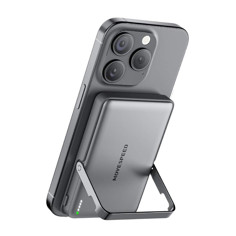 MOVE SPEED 2025 slim magnetic portable charger on iPhone with built-in stand, showcasing compact and lightweight design.