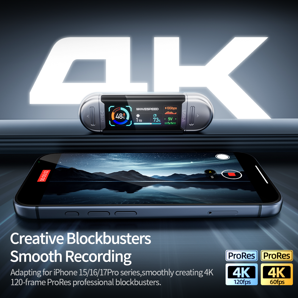 Direct 4K ProRes 60fps recording to MOVESPEED external SSD for iPhone 16 Pro Max