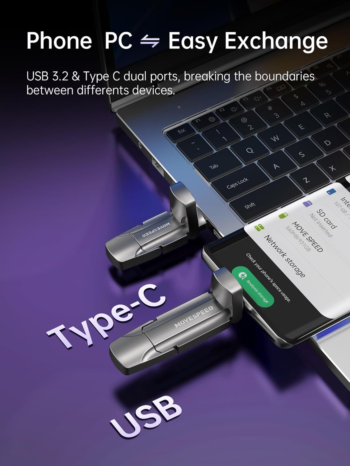 MOVE SPEED 1TB Solid State Flash Drive 1000MB/s Ultimate High Speed USB 3.2 Type C USB Dual Interface USB Drive Gen 2 Metal Thumb Drive with Keychain Leather Case - MOVESPEED