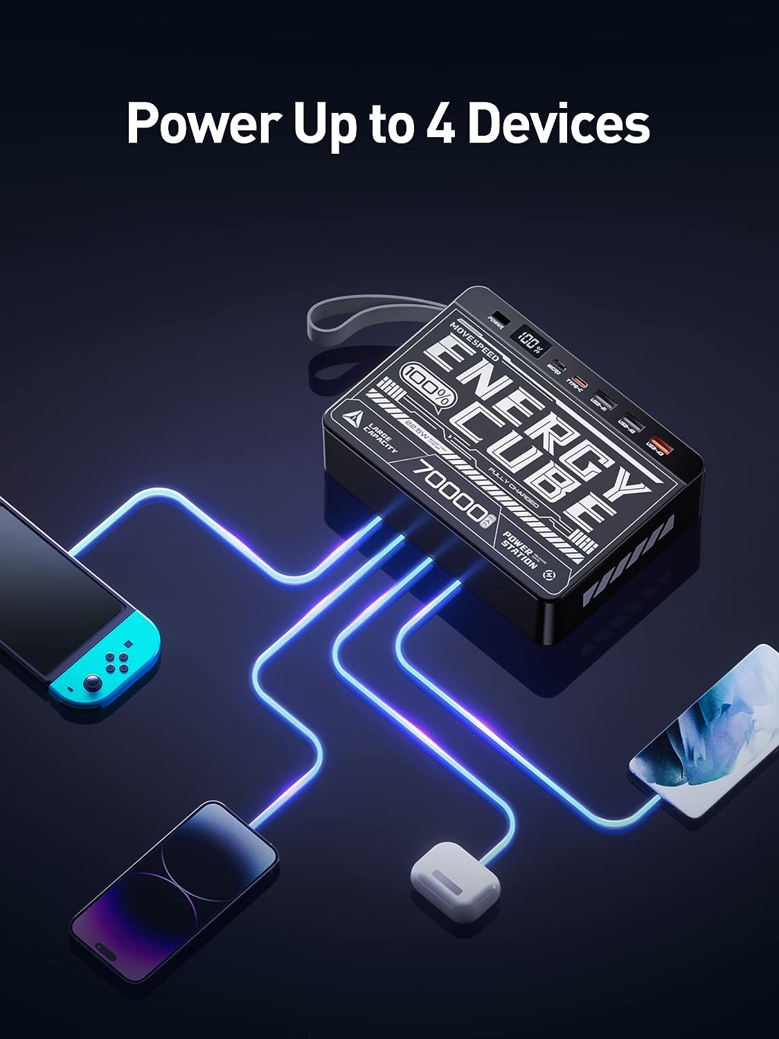 MOVESPEED 70000mAh Power Bank High Capacity, 22.5W Max PD 3.0 Fast Charging, Large Power Bank,4 Outputs 2 Inputs,LED Display,USB-C Battery Packs for iPhone, Samsung, Outdoors Camping, Cyberpunk Style - MOVESPEED