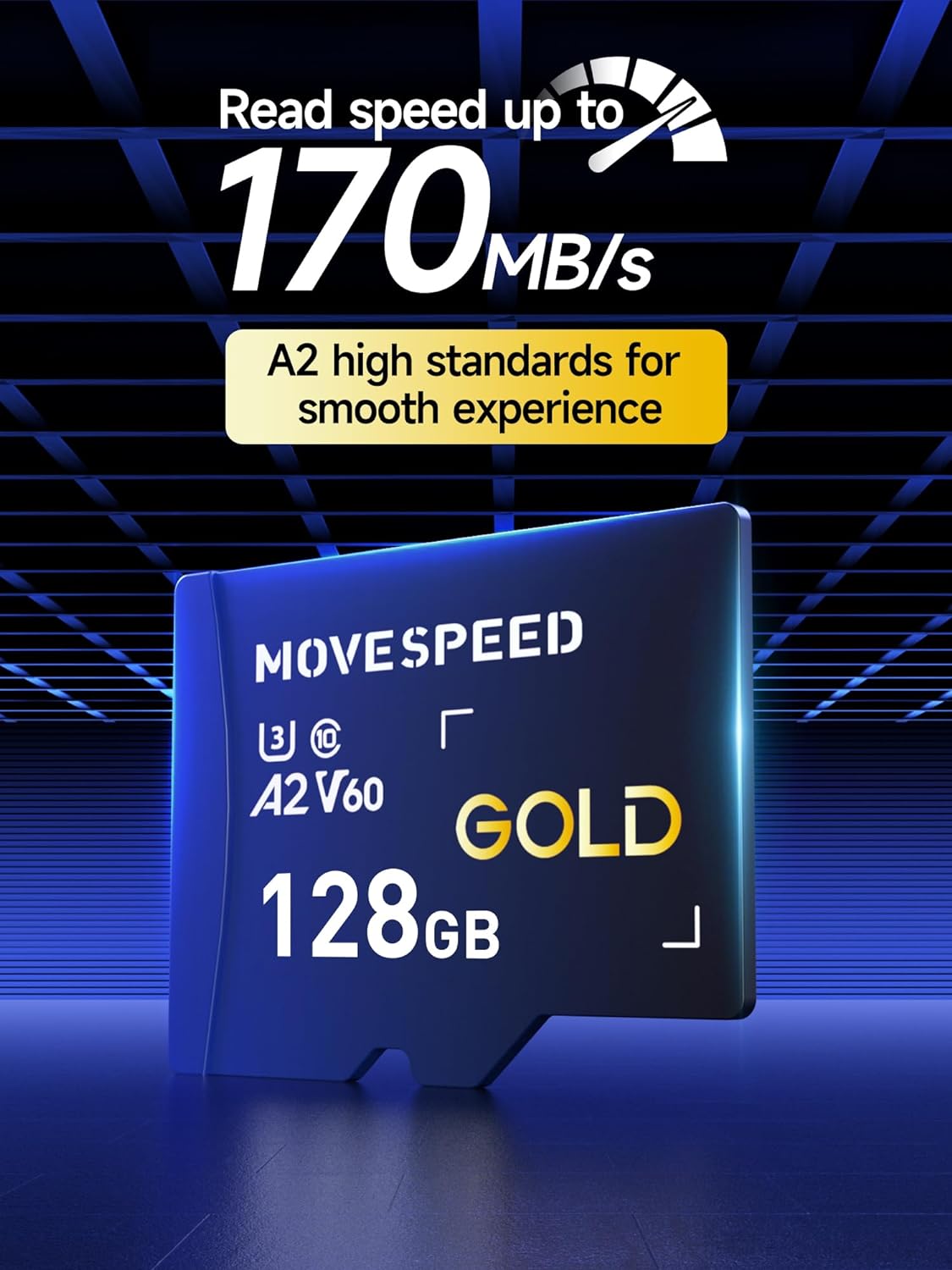 MOVE SPEED 128GB Micro SD Card, Up to 170MB/s Micro SD Memory Card, A2 U3 V60, 4K Full HD Video Recording, with Card Reader and Adapter, for Driving Recorder - MOVESPEED