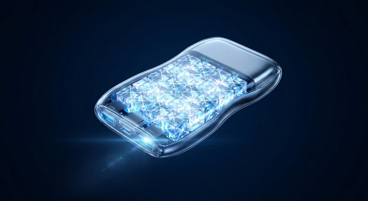 A futuristic transparent power bank with glowing crystalline internal battery cells illuminated by cool blue studio lighting against a dark background.