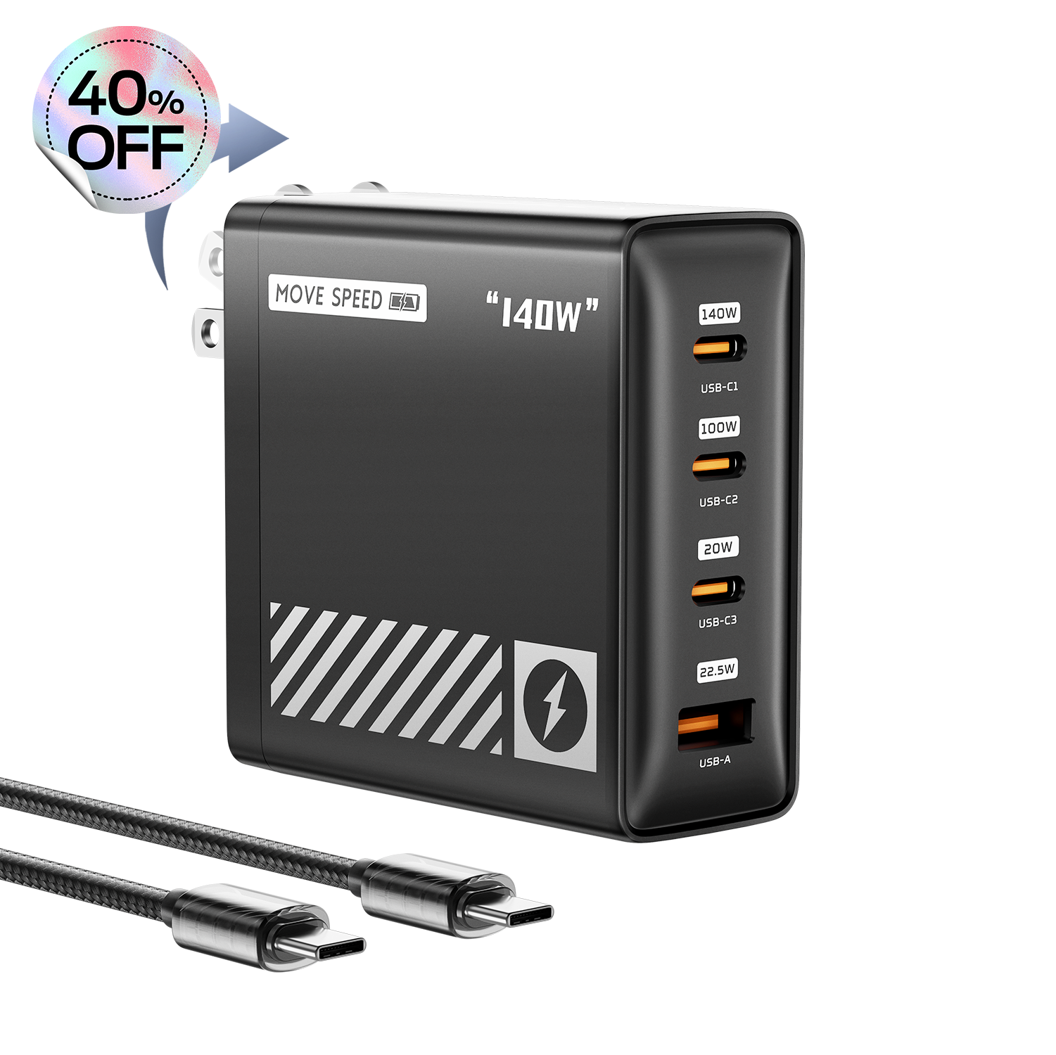 MOVESPEED 140W USB C Charger PD3.1 GaN 4-Port Compact 100W Laptop Wall Charger Foldable Plug (with 240W Cable)