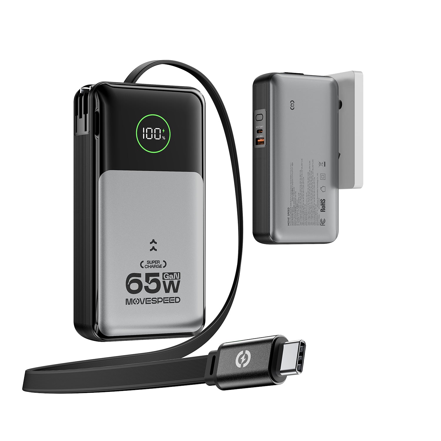 MOVE SPEED 3 in 1 Portable Charger Power Bank 20000mAh 65W, Travel Essentials Laptop Battery Pack with Built-in Retractable USB-C Cable & AC Wall Plug