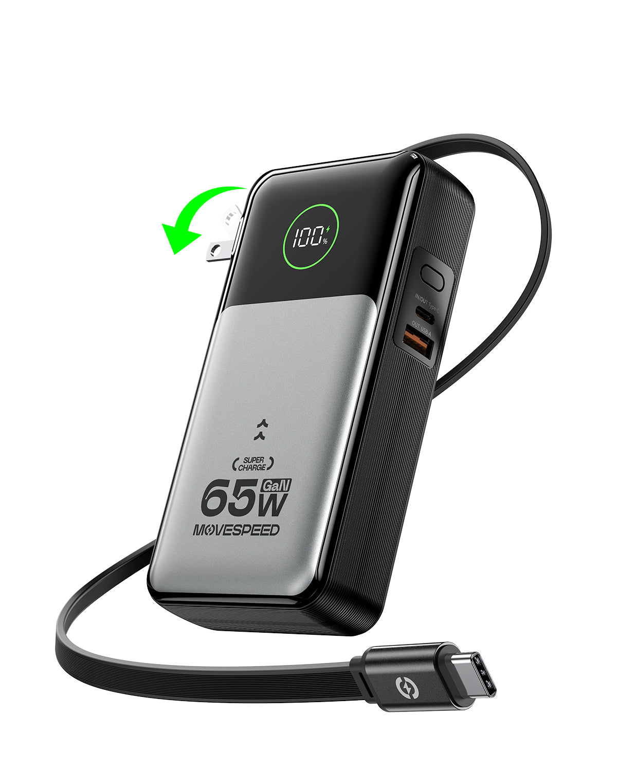 MOVE SPEED 3 in 1 Portable Charger Power Bank 20000mAh 65W, Travel Essentials Laptop Battery Pack with Built-in Retractable USB-C Cable & AC Wall Plug