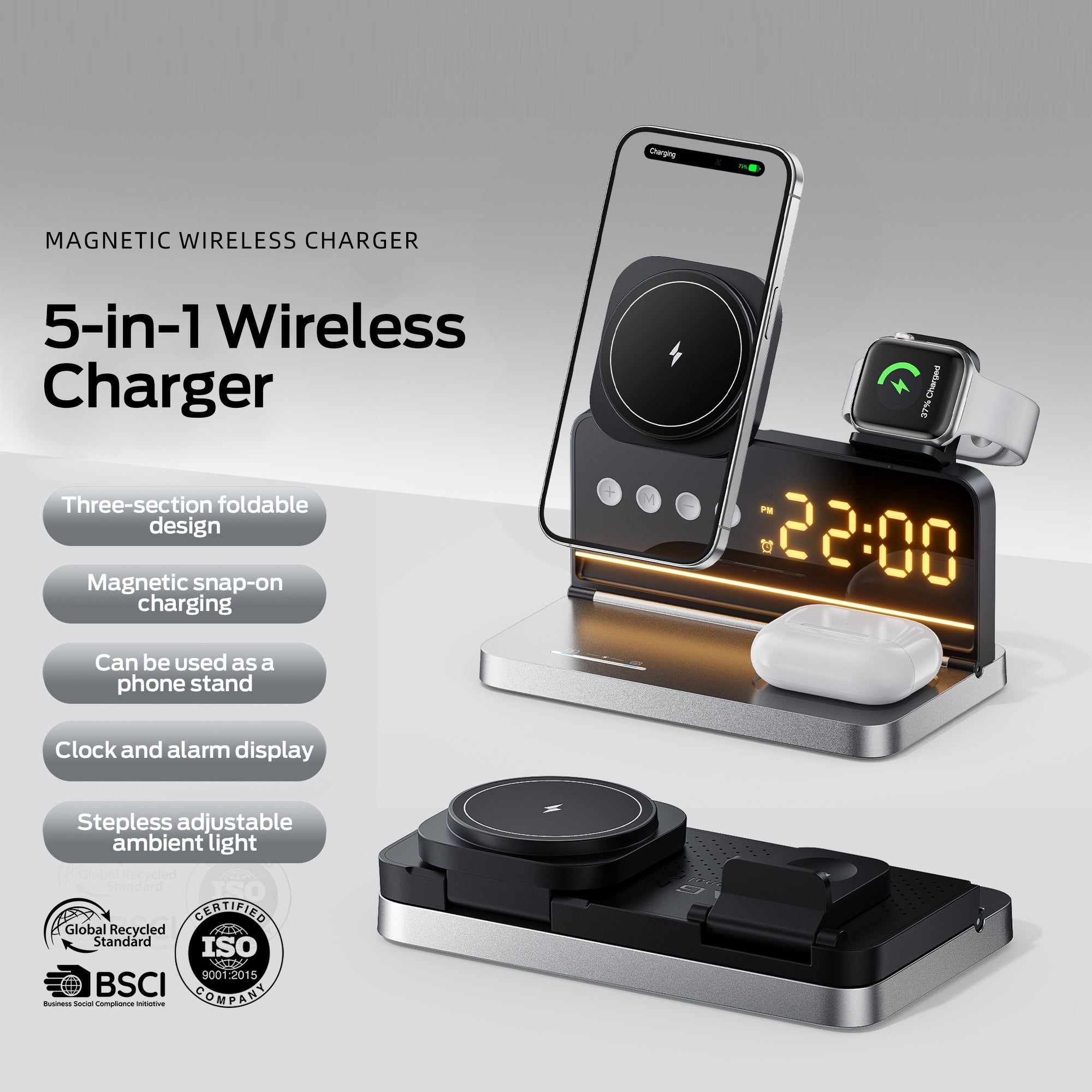 MOVESPEED 5-in-1 MagSafe Wireless Charging Station with 15W Fast Charger, Alarm Clock & Night Light for iPhone, Apple Watch, AirPods