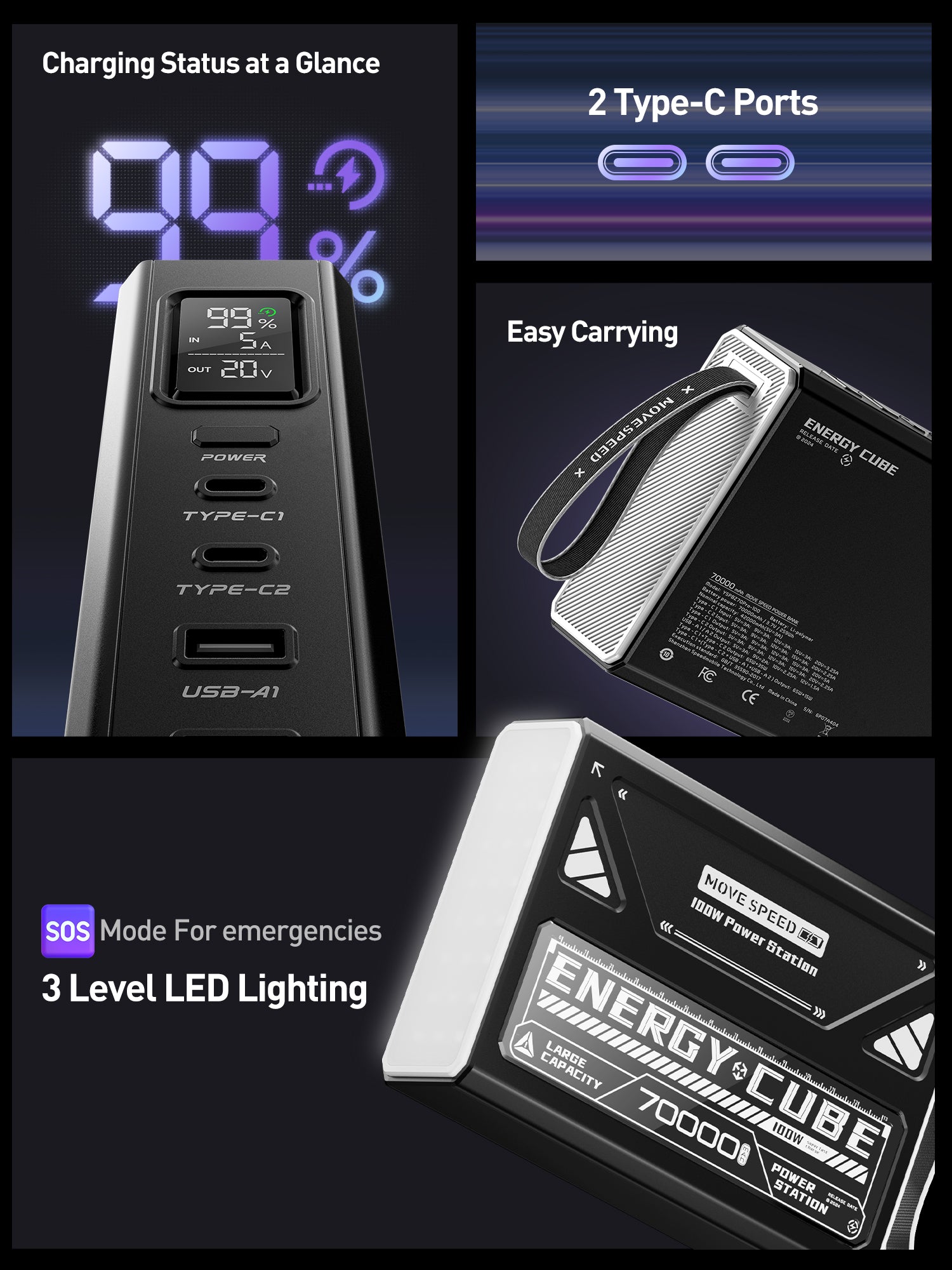 MOVE SPEED Z70 Pro 70000mAh 100W with LED Display+Lighting and SOS Mode  Professional Outdoor Power Bank