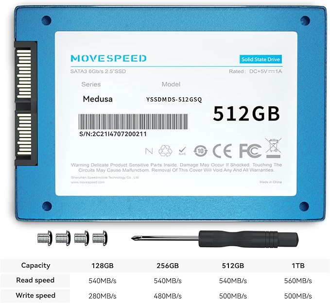 MOVE SPEED 512GB 3D NAND Internal PC SSD, 2.5 SATA III SSD Internal Hard Drive, Up to 540MB/s, 6Gb/s