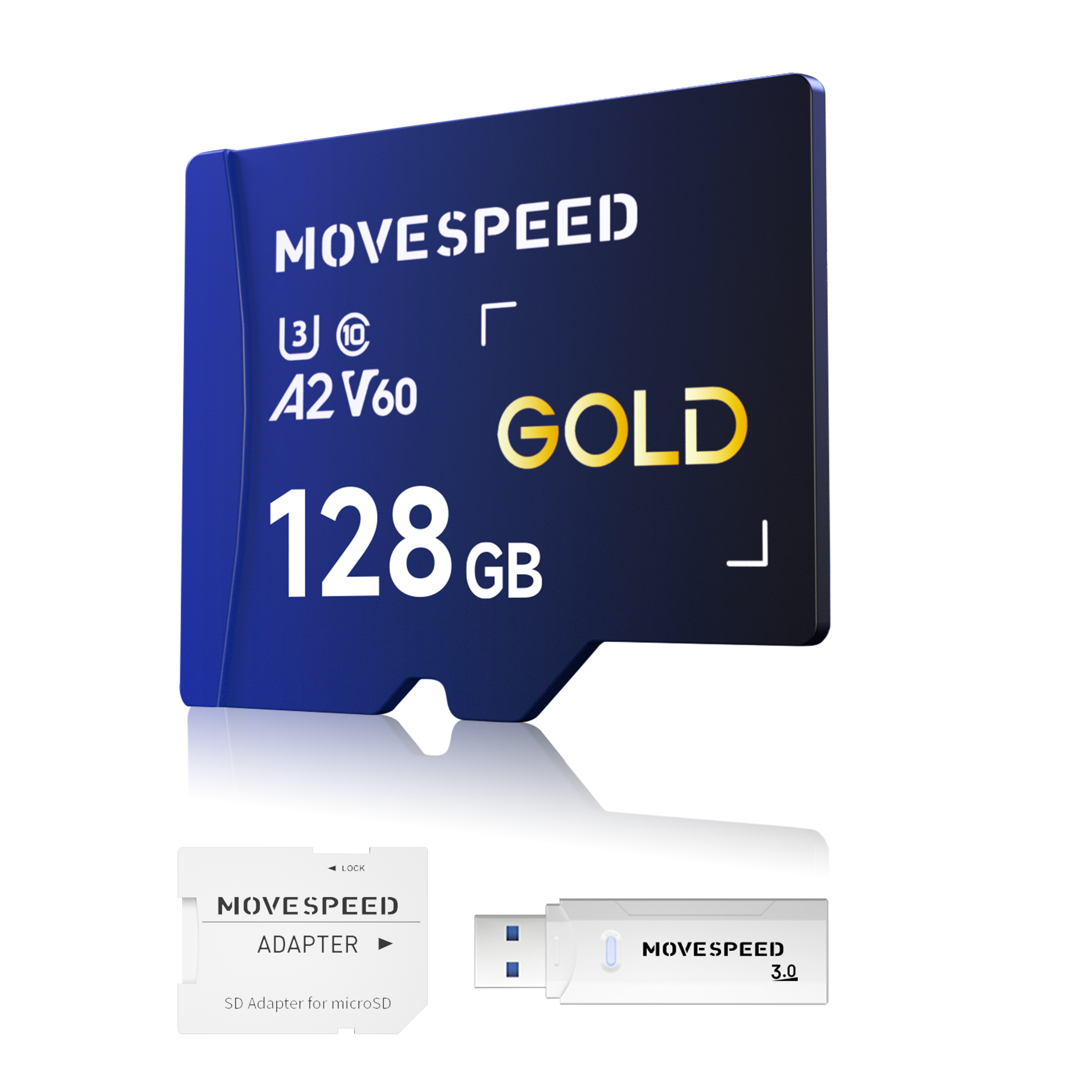 MOVE SPEED Tarjeta Micro SD de 128 GB, Tarjeta de Memoria Micro SD de hasta 170 MB/s, A2 U3 V60, Grabación de Vídeo 4K Full HD, con Lector de Tarjetas y Adaptador, para Grabadora de Conducción 