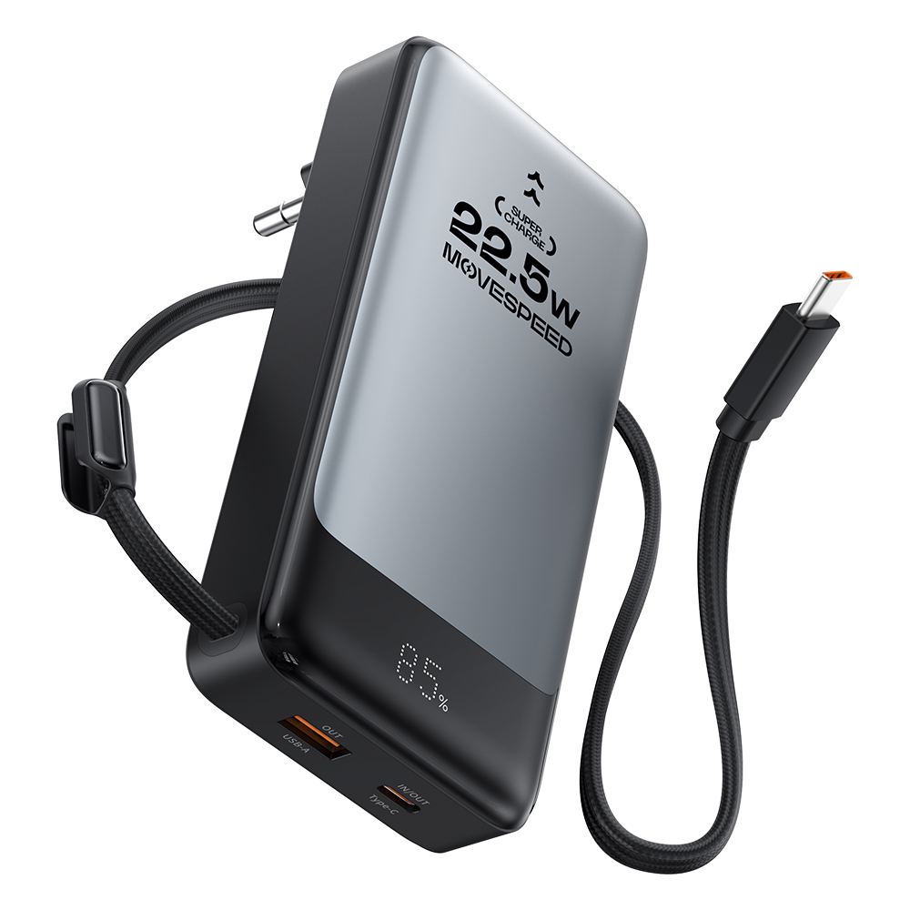 MOVE SPEED 3 in 1 Portable Charger Power Bank 20000mAh 65W, Travel Essentials Laptop Battery Pack with Built-in Retractable USB-C Cable & AC Wall Plug